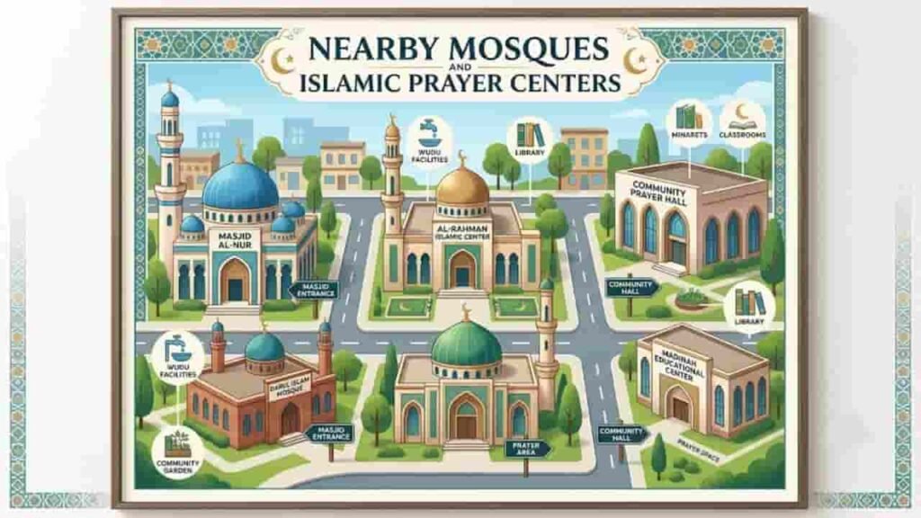 An illustrative map featuring nearby mosques and Islamic prayer centers, such as Masjid Al-Nur and Al-Rahman Islamic Center, with callout icons highlighting facilities like wudu areas, libraries, and prayer spaces.
