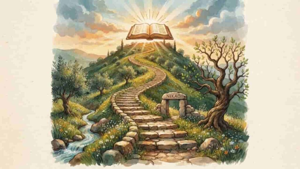 Watercolor illustration of a winding stone stairway leading up a lush green hill toward an open, glowing book emitting rays of sunlight, with an ancient stone archway inscribed with the word "Nikao," flanked by olive trees and a flowing stream, representing the biblical call to overcome.