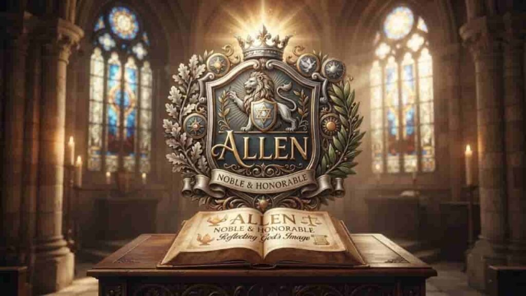 A majestic 16:9 emblem for the name Allen featuring a heraldic shield with a lion, crown, olive branches, and the text 'NOBLE & HONORABLE', resting above an open book on a wooden lectern inside a glowing cathedral.