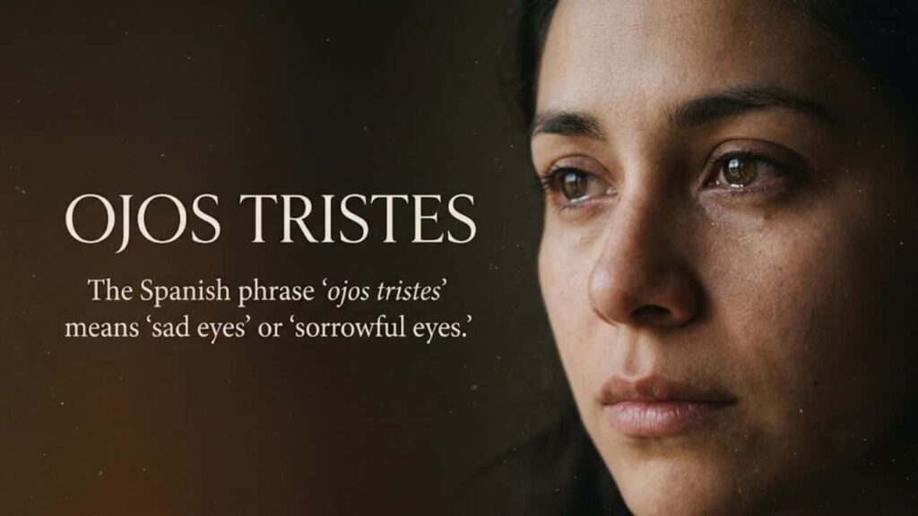 Close-up portrait of a woman with sad expression showing the Spanish phrase 'Ojos Tristes' meaning sad eyes or sorrowful eyes