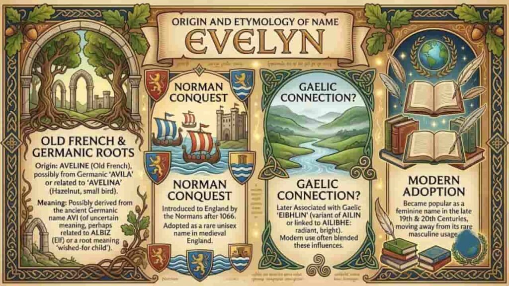 An educational infographic showing the origin and etymology of the name Evelyn, featuring Norman, Old French, Germanic, and Gaelic historical roots.