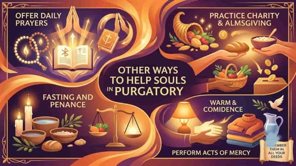 An infographic titled "Other Ways to Help Souls in Purgatory" presenting religious practices using sacred and charitable symbols. The artwork features rosary beads, open scriptures, glowing candles, bread and water, a cornucopia of fruits, donation coins, a dove with an olive branch, and a balance scale.