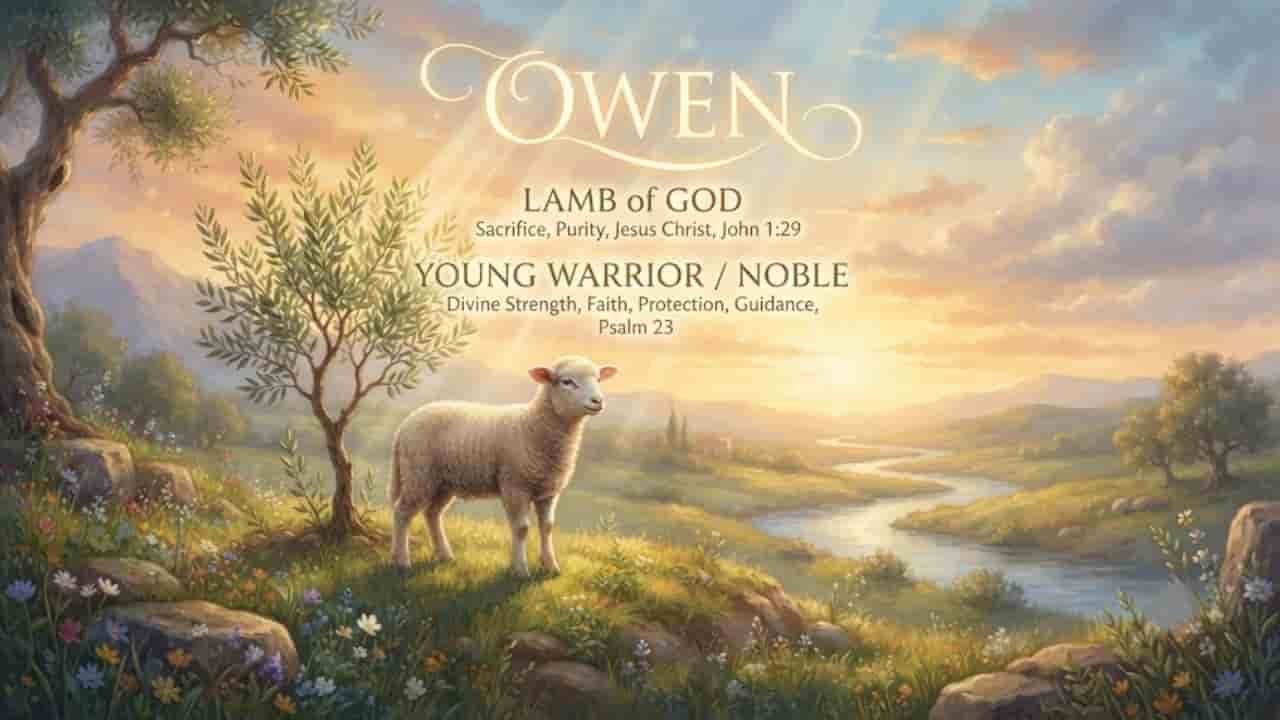 A serene landscape at sunrise featuring a gentle lamb standing under a leafy olive tree on a grassy hill, with a winding river below and the name Owen Meaning in Bible Explore Its Sacred Message.