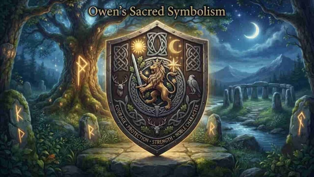 A 16:9 fantasy digital art piece titled 'Owen's Sacred Symbolism' featuring an ornate wooden and metal shield in the center, inscribed with the words 'COURAGE, PROTECTION, STRENGTH, NOBLE CHARACTER'. The shield displays a crowned golden lion holding a sword, surrounded by celestial symbols like a sun, moon, and star, alongside motifs of a stag and a hawk. The shield rests on a mossy stone altar in a mystical forest illuminated by glowing runes on ancient trees and standing stones under a night sky with a crescent moon.