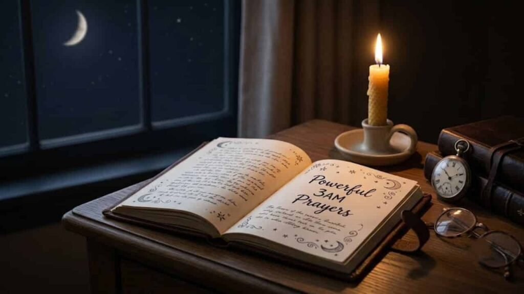 An open journal titled "Powerful 3AM Prayers" resting on a wooden desk next to a glowing candle, pocket watch, and eyeglasses, with a crescent moon visible through the window.