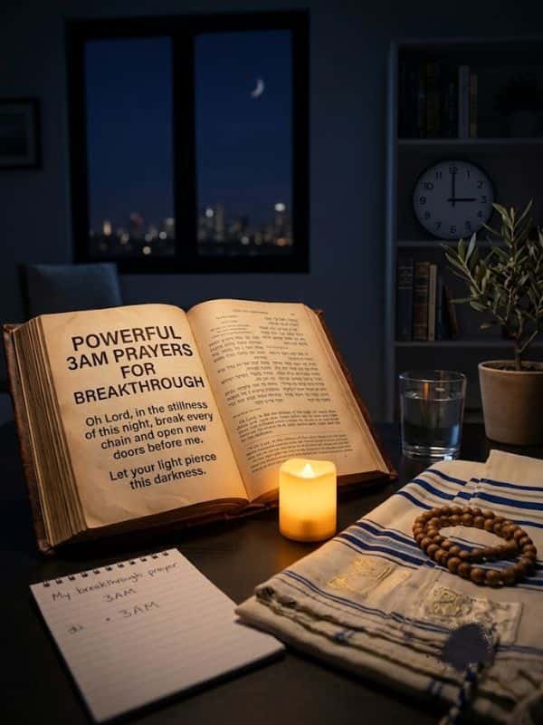 An open ancient Bible illuminated by a glowing candle displays text titled "Powerful 3AM Prayers for Breakthrough" on a desk, accompanied by a prayer shawl, prayer beads, and a wall clock pointing to 3:00.