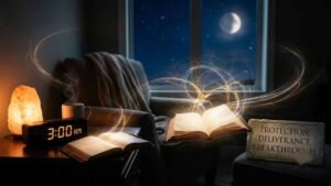 A magical night scene with a digital clock showing 3:00 AM, glowing open bibles, a salt lamp, and a window view of the moon "powerful 3am prayers".