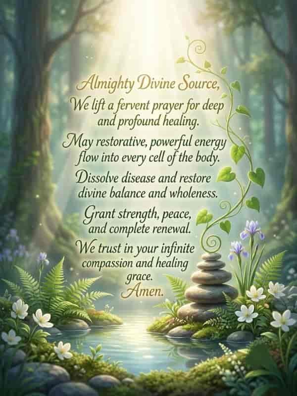 An artistic image featuring a prayer for cancer healing surrounded by serene nature elements, including a tranquil forest pond, glowing sunlight, lush ferns, white and purple flowers, balanced stack of stones, and a growing green vine, with no human figures or crosses present.