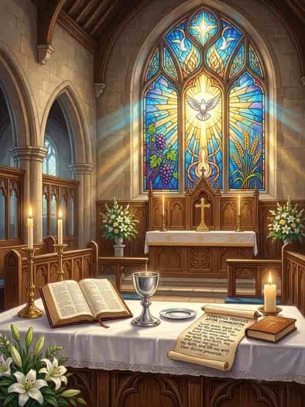 An altar inside a church featuring a silver chalice, open Bible, candle, and scroll displaying prayers after Communion, set before a stained-glass window of a dove and glowing light.