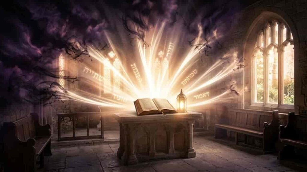 An open Holy Bible glowing with radiant light inside a stone sanctuary, symbolizing divine protection and faith.
