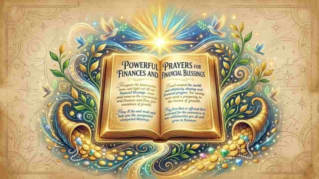 An open golden book displaying the title "Powerful Prayers for Finances and Financial Blessings" surrounded by radiant light, doves, gold coins, and overflowing cornucopias.