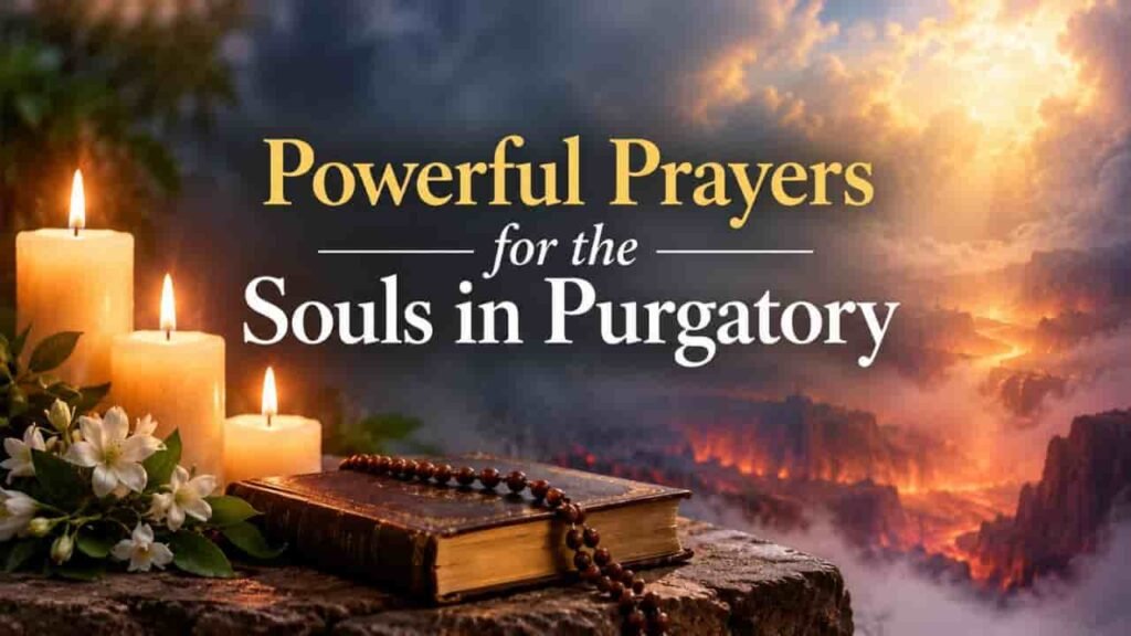 Powerful prayers for the souls in purgatory with candles, a prayer book, rosary beads, and a glowing spiritual landscape.
