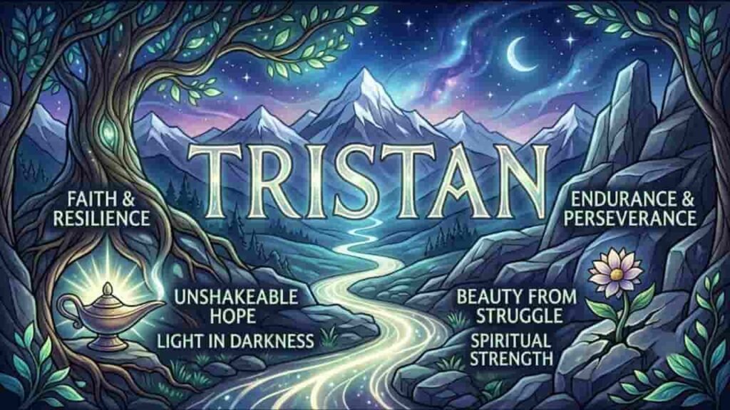 A 16:9 illustration featuring the name Tristan surrounded by a winding river, mountains, and trees with key spiritual values like Faith and Resilience, Light in Darkness, and Beauty from Struggle.