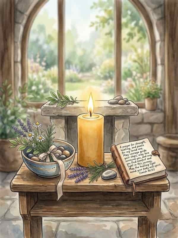 An open leather journal displaying a prayer for healing sits beside a glowing candle, herbal bowl, and lavender on a wooden table near a window.
