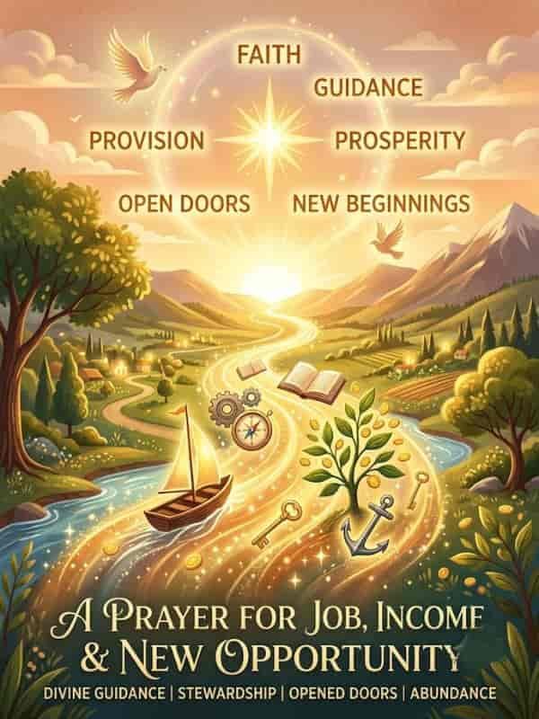 An inspirational illustration depicting a prayer for a job, income, and new opportunity, featuring a winding river of light filled with symbolic objects like a money tree, keys, an anchor, and a sailboat. The text highlights themes of divine guidance, stewardship, opened doors, and abundance in a warm, glowing landscape.
