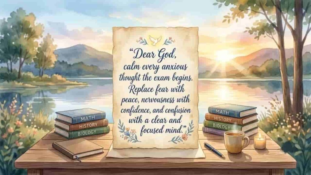 A serene watercolor scene featuring a parchment scroll centered on a wooden desk outdoors with the prayer: 'Dear God, calm every anxious thought before the exam begins. Replace fear with peace, nervousness with confidence, and confusion with a clear and focused mind.' Surrounded by stacks of textbooks, a warm cup, and a glowing candle against a peaceful sunrise lake backdrop.