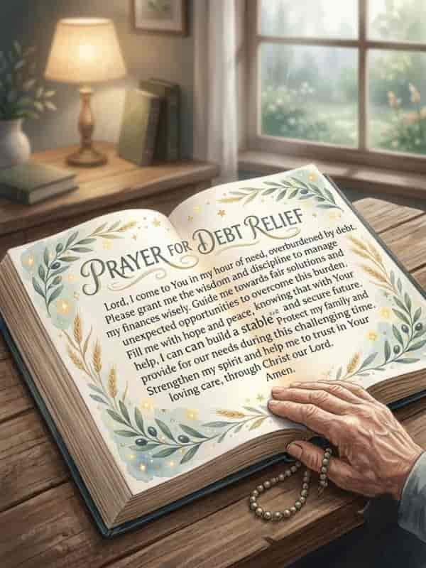 An open book displaying a "Prayer for Debt Relief" on a wooden table, featuring decorative leafy vines and golden star accents, with a hand resting near the bottom edge next to a set of rosary beads.