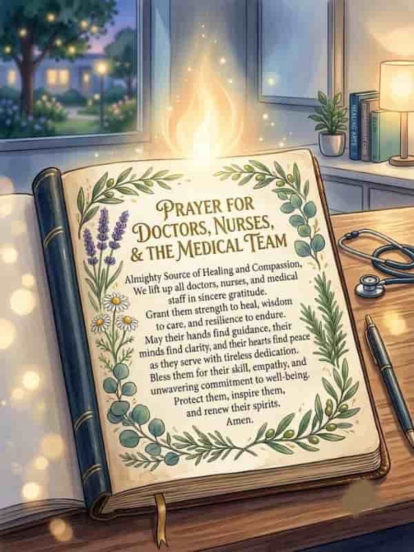 An open prayer book featuring a written prayer titled "Prayer for Doctors, Nurses, & the Medical Team," decorated with botanical illustrations of lavender, eucalyptus, and olive branches, placed beside a stethoscope and pen on a wooden desk.
