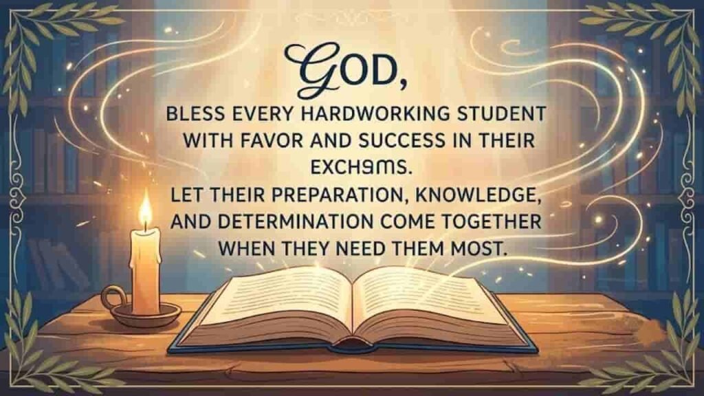 An open book on a wooden study table beside a glowing candle with warm light effect, displaying an inspirational text prayer for students' favor and success in exams against a cozy library background.