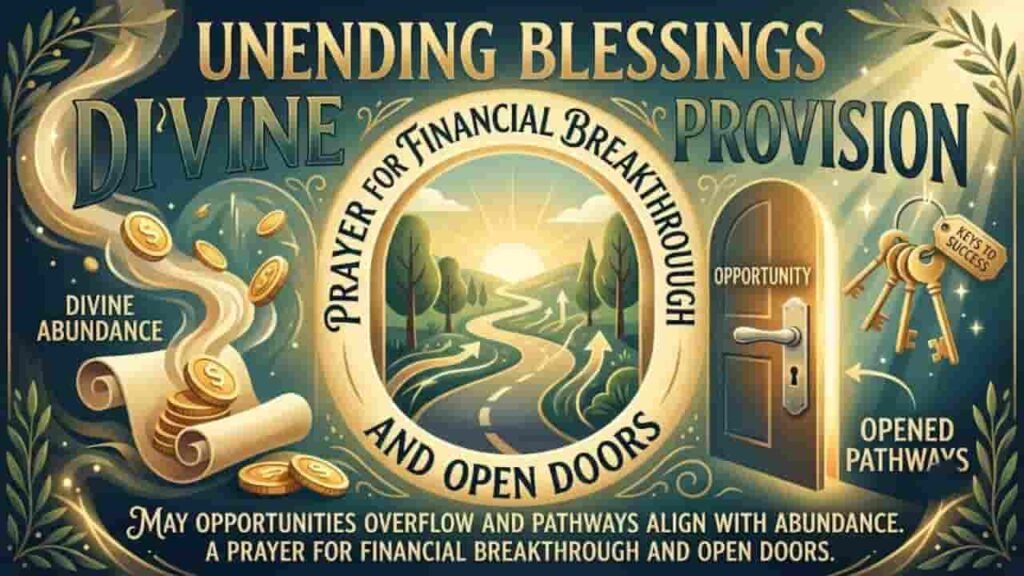 Illustration centered on a prayer for financial breakthrough and open doors, featuring glowing golden coins, a winding pathway through a circular frame, an open door, and key symbols with decorative typography.