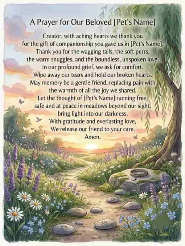 Soft watercolor illustration of a comforting prayer poem for a lost pet, set in a peaceful sunlit meadow path with flowers, paw-print stones, and a pet collar rested on a rock.