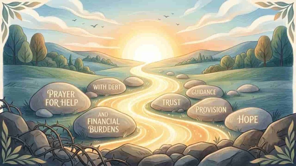 An illustration of a winding, glowing river leading toward a bright sunrise, surrounded by rolling green hills, smooth rocks inscribed with keywords like "Trust" and "Hope," and thorny vines symbolizing financial burdens.