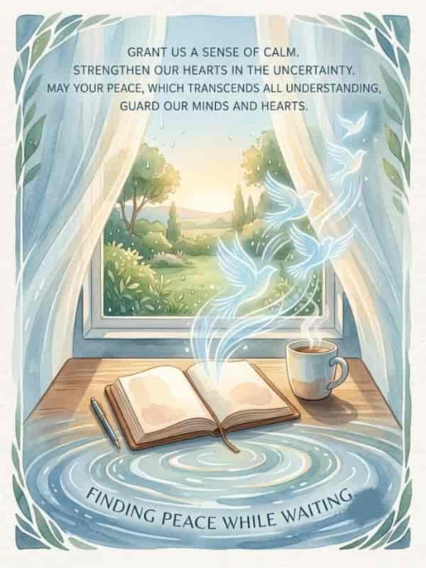 A watercolor illustration of an open journal on a desk next to a coffee mug, with white doves rising from the pages. The journal is on a rippling water surface, in front of an open window looking out at a tranquil garden landscape at sunrise. The top of the image features the text "GRANT US A SENSE OF CALM. STRENGTHEN OUR HEARTS IN THE UNCERTAINTY. MAY YOUR PEACE, WHICH TRANSCENDS ALL UNDERSTANDING, GUARD OUR MINDS AND HEARTS.", and the text "FINDING PEACE WHILE WAITING." is below the journal.