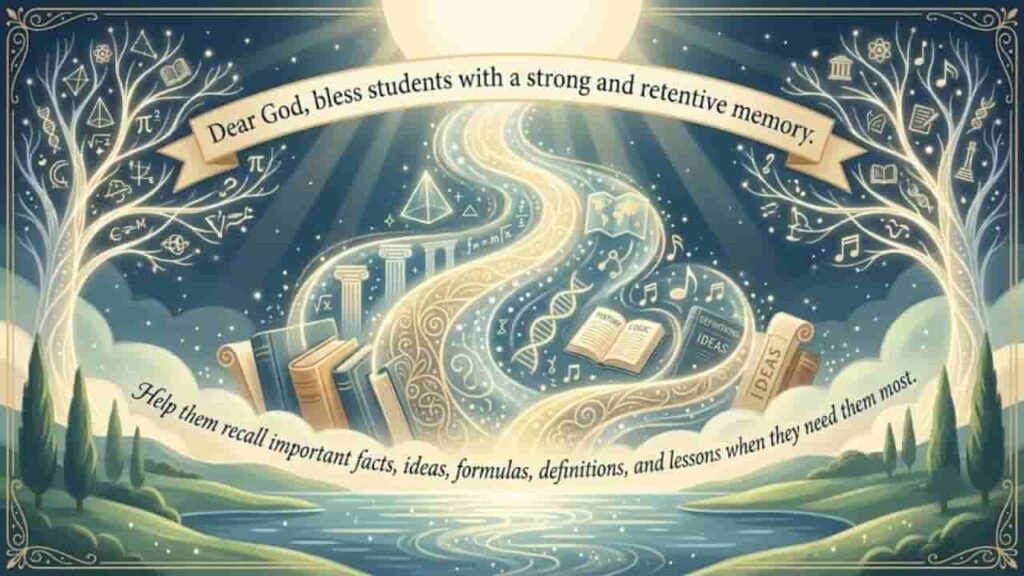 Serene landscape with glowing golden light, featuring books, mathematical formulas, and scientific symbols flowing like a river, with the prayer: 'Dear God, bless students with a strong and retentive memory. Help them recall important facts, ideas, formulas, definitions, and lessons when they need them most.