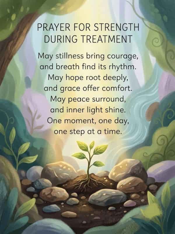 A small green plant sprouting from fertile soil surrounded by stones and lush forest vegetation, featuring the inspirational text "Prayer for Strength During Treatment".