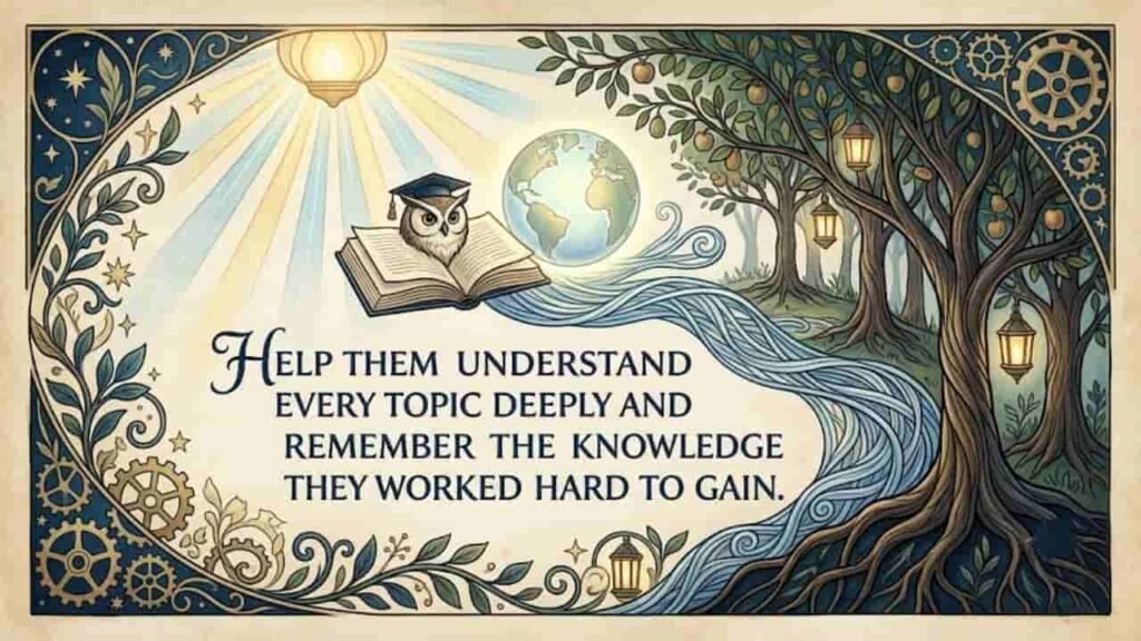 Decorative illustration featuring an open book, an owl wearing a graduation cap, and the text: "Help them understand every topic deeply and remember the knowledge they worked hard to gain.