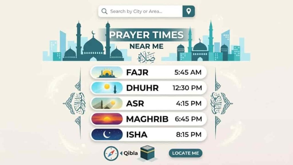An Islamic prayer times interface graphic displaying "Prayer Times Near Me" with a search bar, city skyline, daily prayer schedule (Fajr, Dhuhr, Asr, Maghrib, Isha), and Qibla direction button.