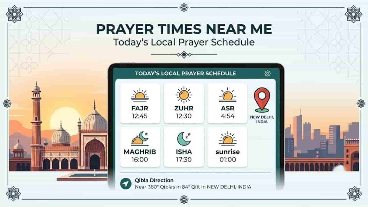An graphic banner titled "prayers time near me: Today's Local Prayer Schedule" displays a tablet showing prayer times for Fajr, Zuhr, Asr, Maghrib, Isha, and Sunrise for New Delhi, India. The image features a mosque silhouetted against a warm sunset on the left and a modern city skyline on the right, framed by geometric Islamic patterns.