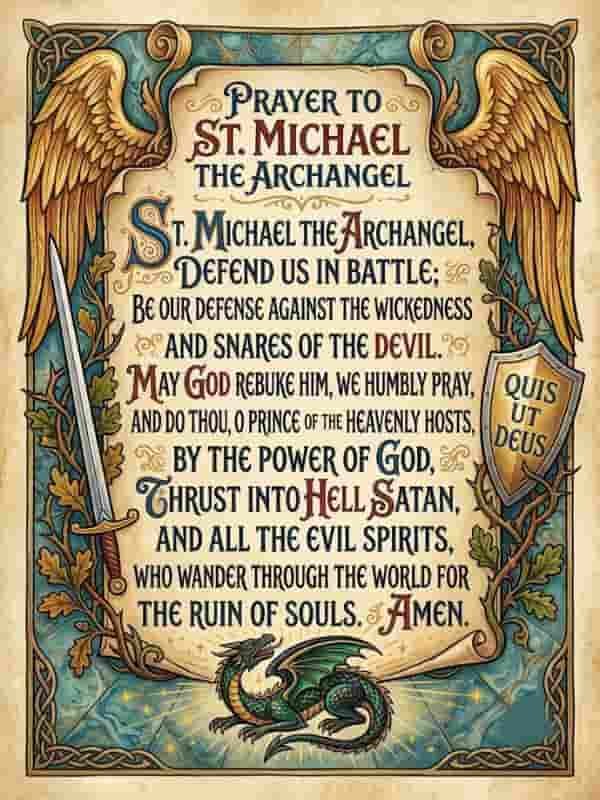 An illuminated scroll featuring the Prayer to Saint Michael the Archangel, framed by angelic wings, a sword, a shield with the phrase "Quis Ut Deus," and a dragon at the bottom.