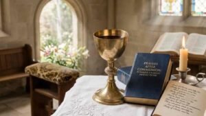 A golden chalice filled with wine, a lit candle, an open scripture book, and a leather-bound book titled "Prayers After Communion: Powerful Catholic Prayers to Say" resting on a white altar cloth inside a church.
