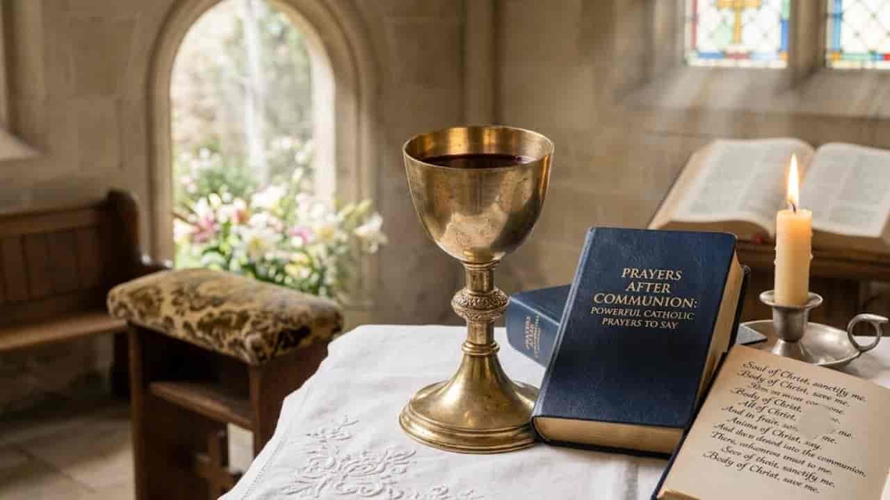 A golden chalice filled with wine, a lit candle, an open scripture book, and a leather-bound book titled "Prayers After Communion: Powerful Catholic Prayers to Say" resting on a white altar cloth inside a church.