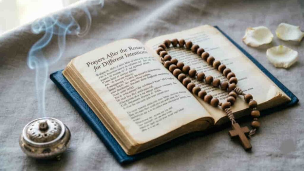 Open prayer book with wooden rosary beads and incense smoke, displaying 'Prayers After the Rosary for Different Intentions' text on aged pages.