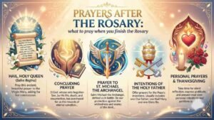 Infographic titled "Prayers After the Rosary" detailing concluding Catholic prayers including Hail Holy Queen, Concluding Prayer, St. Michael Prayer, Intentions for the Holy Father, and Personal Thanksgiving.
