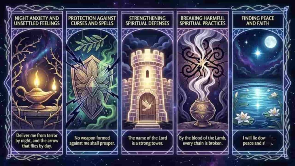 Infographic showcasing prayers for spiritual protection against witchcraft, night anxiety, and harmful practices across five illustrative panels.