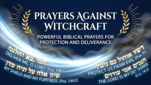 Prayers Against Witchcraft thumbnail featuring light rays, gold leaves, and Biblical verses on a dark blue background.