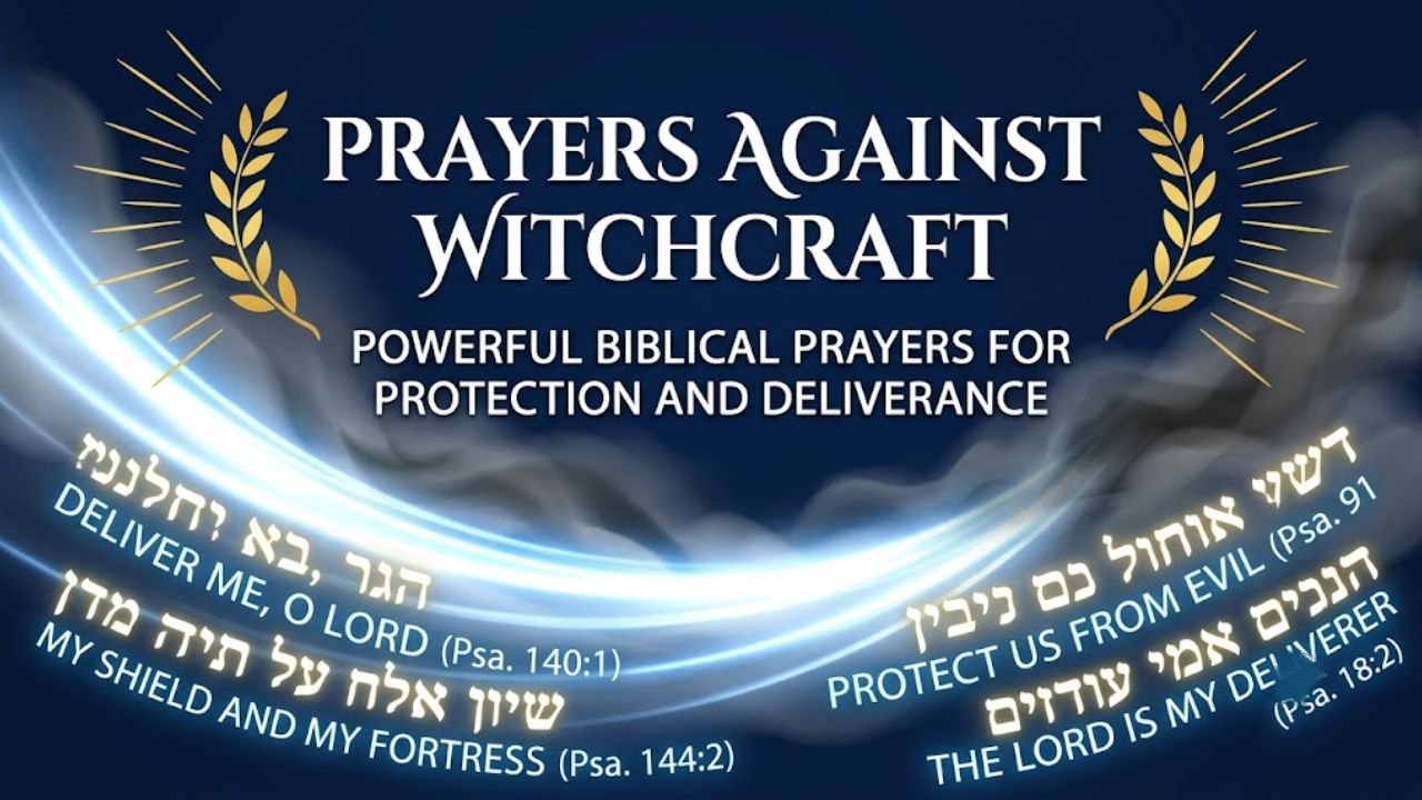 Prayers Against Witchcraft thumbnail featuring light rays, gold leaves, and Biblical verses on a dark blue background.