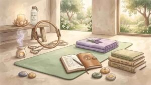 A serene indoor wellness space featuring a green Pilates mat, a workout ring, resistance bands, an open journal with a pen, stacked books, and a glowing candle, set against a backdrop of a garden.