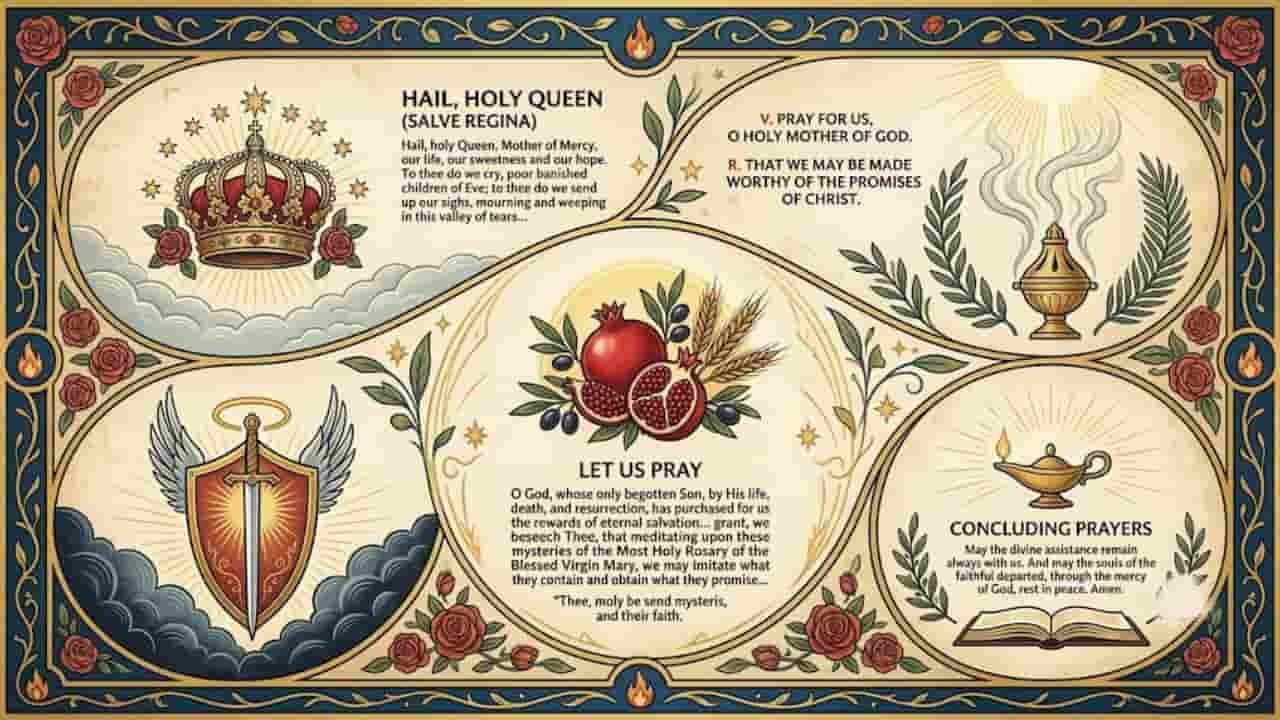 An illustrated infographic displaying Catholic prayers said at the end of the Rosary, featuring framed sections with traditional decorative motifs like a royal crown, a sword and shield, pomegranates, an incense burner, a lamp, and an open book "prayers at the end of the rosary".