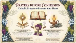 An ornate Catholic infographic titled "Prayers Before Confession: Catholic Prayers to Prepare Your Heart", featuring an open Bible, monstrance, chalice, grapes, oil lamp, and prayer text "Prayers Before Confession" .