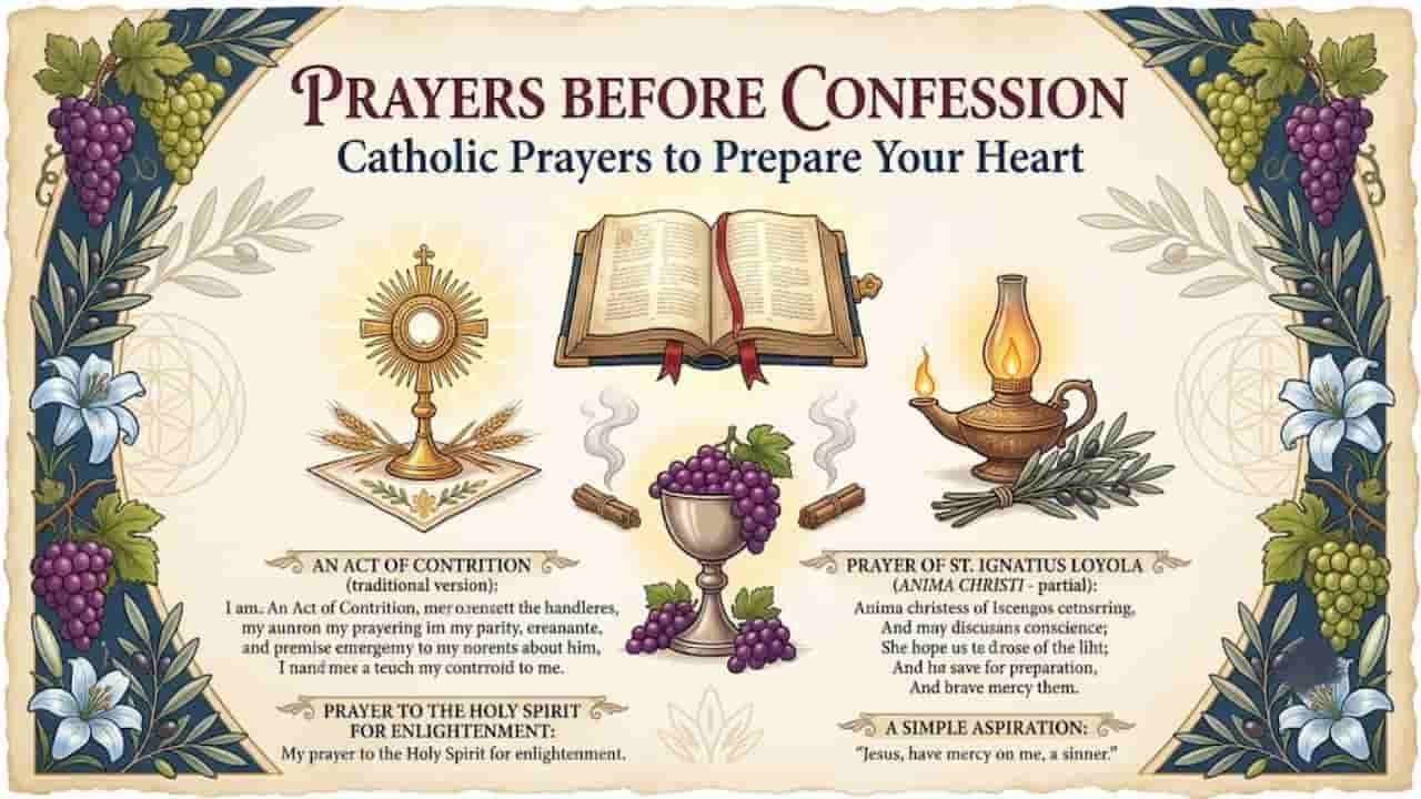 An ornate Catholic infographic titled "Prayers Before Confession: Catholic Prayers to Prepare Your Heart", featuring an open Bible, monstrance, chalice, grapes, oil lamp, and prayer text "Prayers Before Confession" .