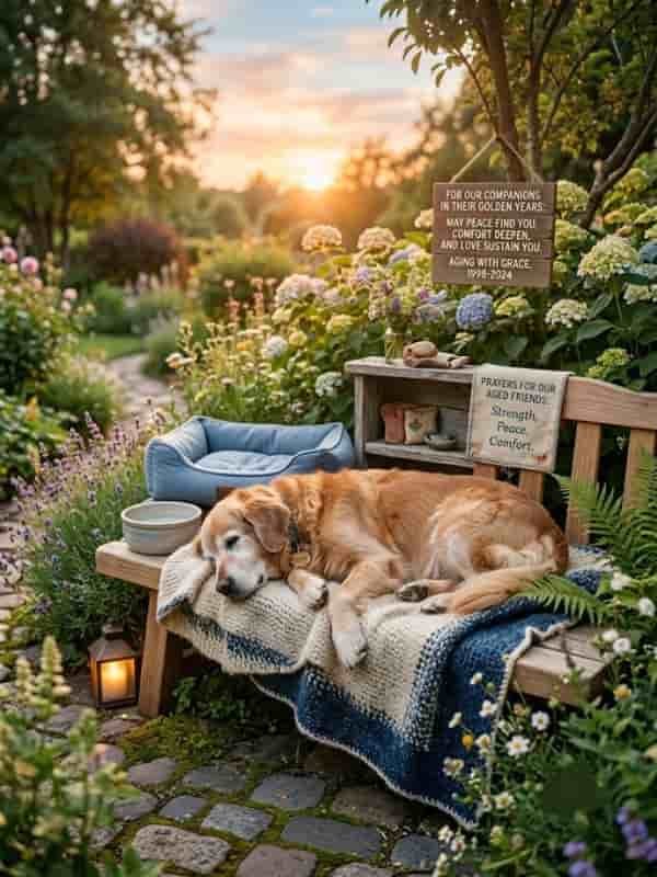 An elderly Golden Retriever resting comfortably on a woven blanket outdoors in a peaceful garden setting during sunset.