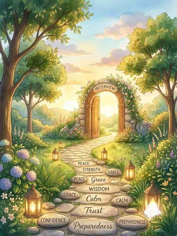 A serene watercolor illustration depicting a stone pathway inscribed with encouraging words like "Confidence," "Peace," and "Wisdom," leading toward an open stone archway under a warm sunrise.