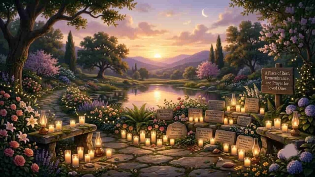 A serene memorial garden at sunset filled with glowing candles, lanterns, blooming flowers, stone memorial plaques, and a wooden sign set along a stone path.