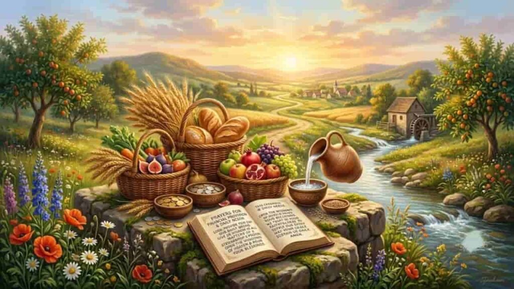 An open book rests on a stone pedestal surrounded by baskets of fresh bread, fruits, vegetables, and coins, set against a vibrant countryside landscape at sunrise.