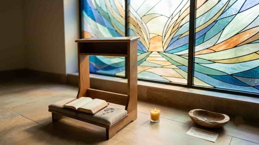 A wooden prayer bench with an open Bible and rosary sits in a quiet chapel room near a glowing candle, a small wooden bowl with coins, and a stained glass window.