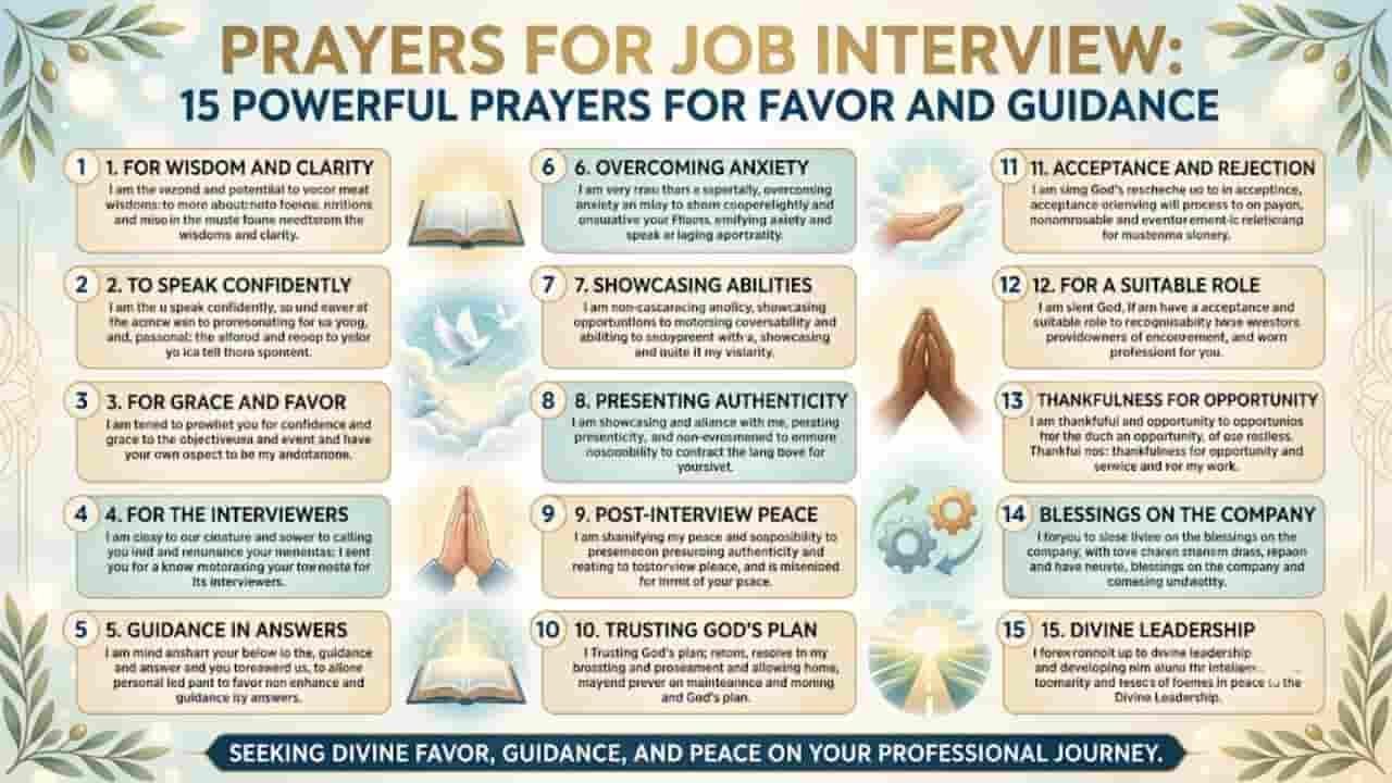 A infographic titled "PRAYERS FOR JOB INTERVIEW: 15 POWERFUL PRAYERS FOR FAVOR AND GUIDANCE," featuring 15 numbered blocks with spiritual icons like bibles, doves, and praying hands.